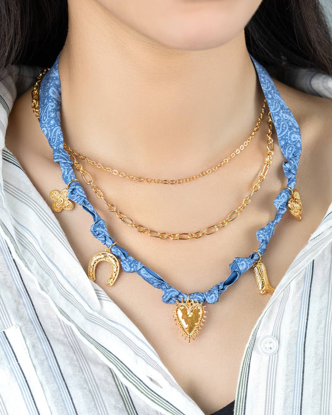 Sessori - 3 Layered Western Denim Bandana Scarf Necklace