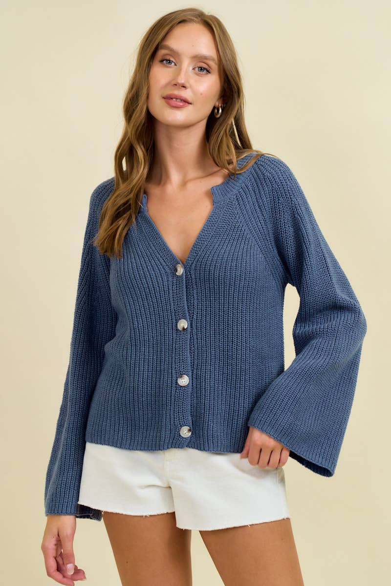 Doe and Rae - BLOUSON SLEEVE RBBED CARDIGAN W/ BUTTONS