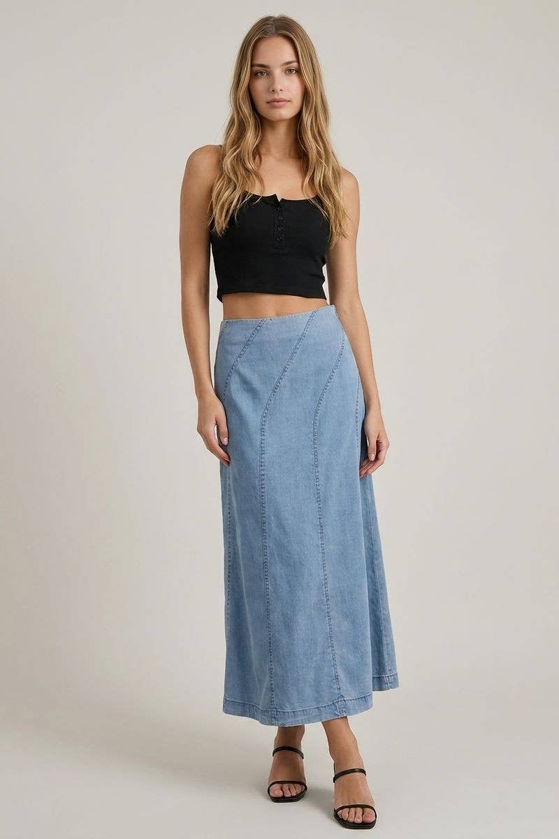 Doe and Rae - DENIM DIAGONAL LINE DETAIL MIDI SKIRT - 6640S