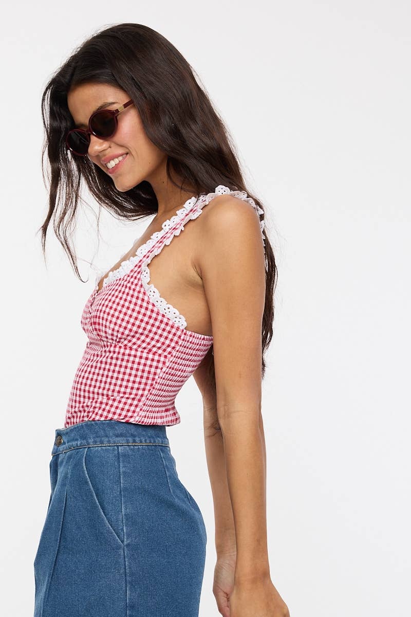 Sky to Moon - VIVID GINGHAM EYELET LACE TRIM CASUAL BODYSUIT