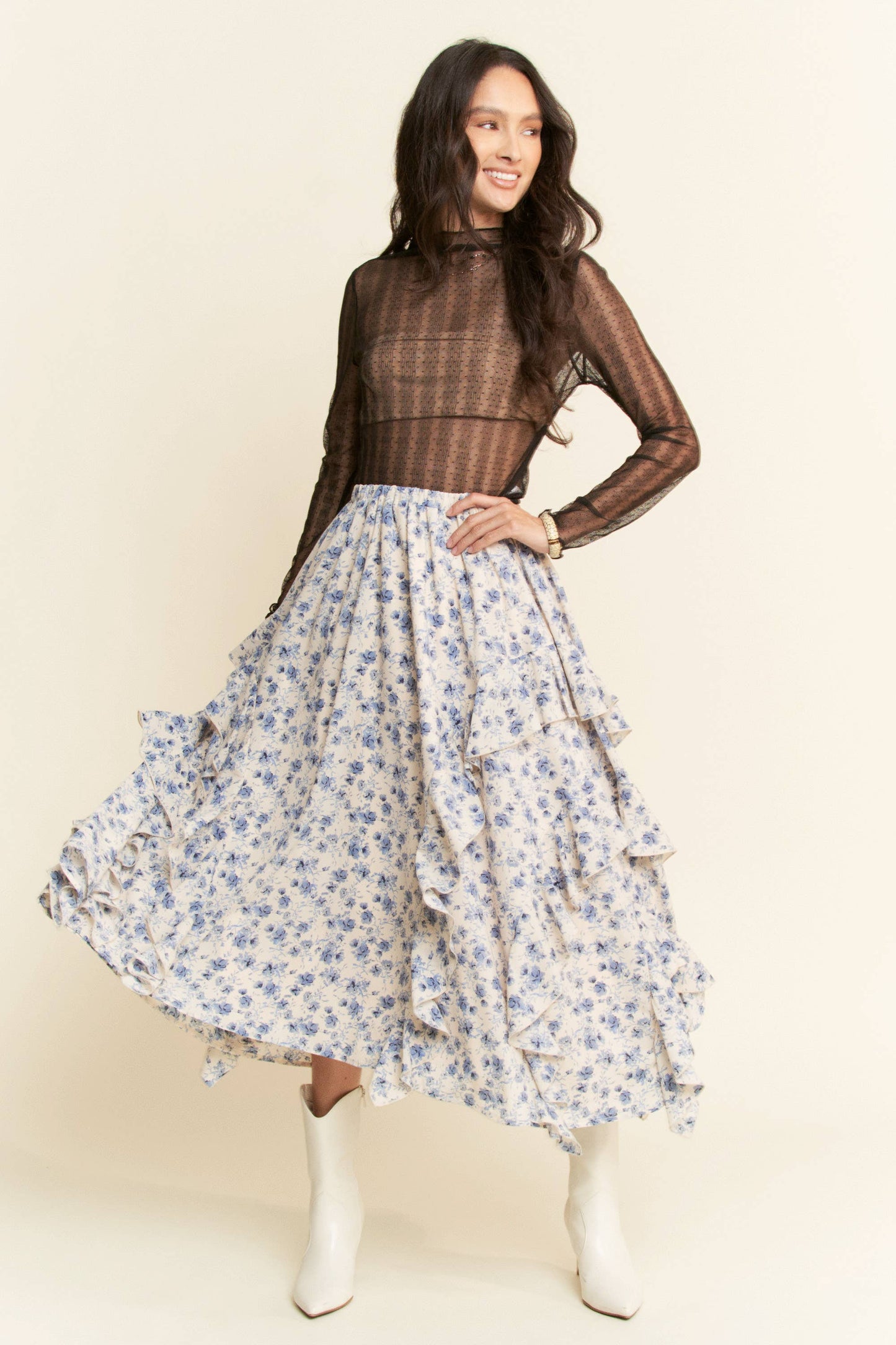 Davi & Dani - FLORAL ELASTIC WAISTBAND RUFFLE TIERED MAXI SKIRT