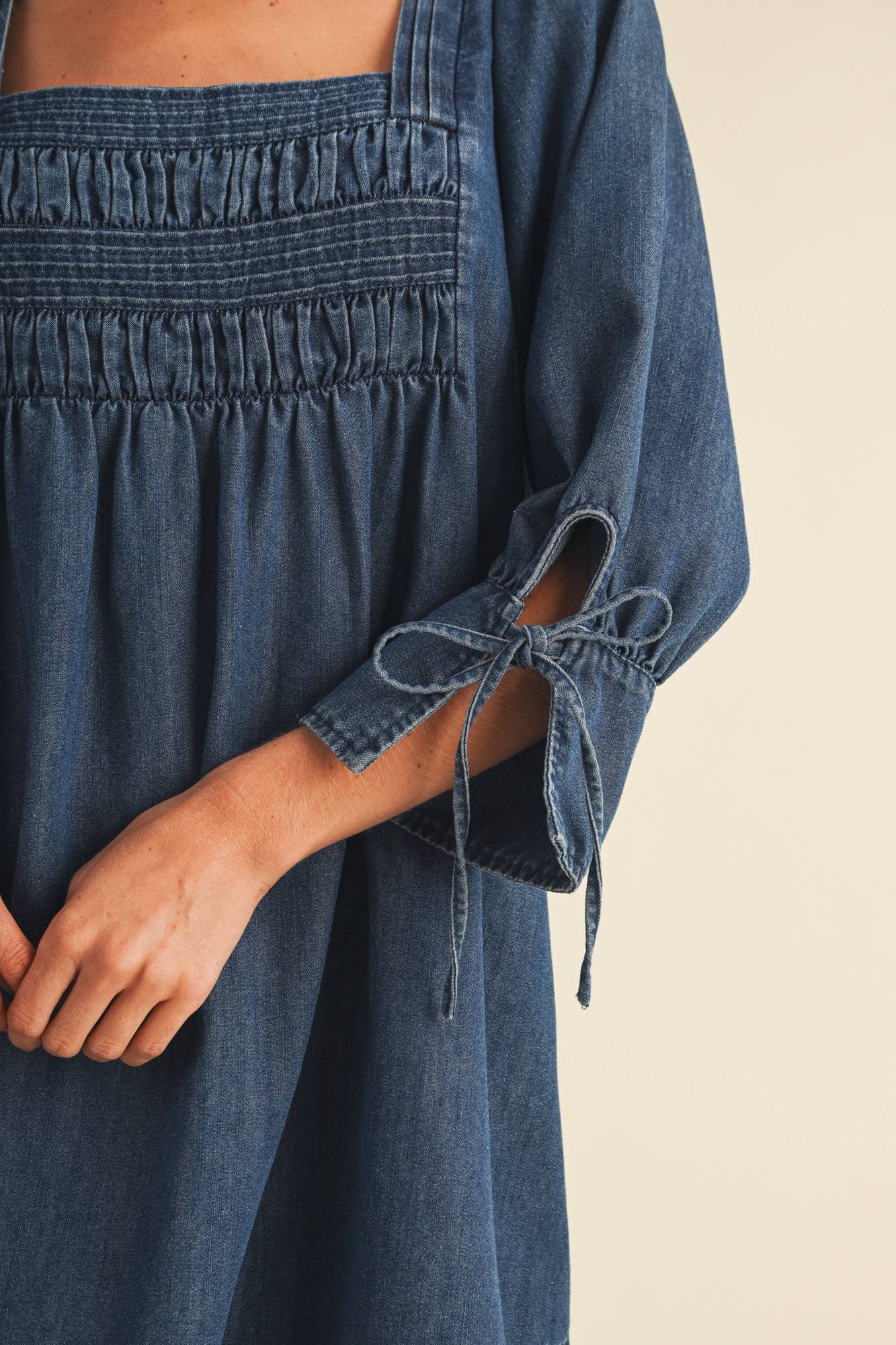 Mustard Seed - Square-Neck Smocked Denim Trapeze Dress
