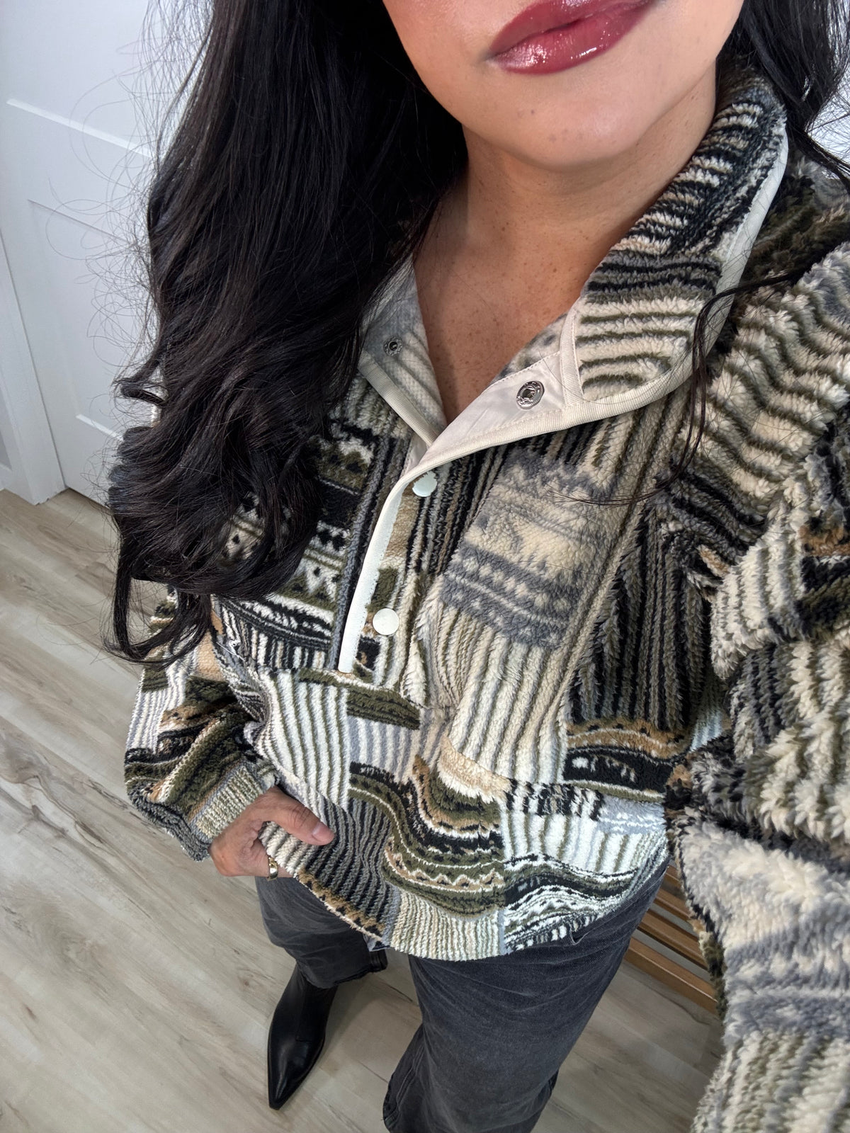 Find The Whimsy patchwork fleece snap pullover