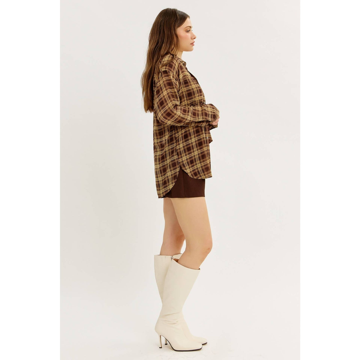 idem ditto - EDGY TRANSPARENT SHEER PLAID CHIFFON BUTTON-DOWN SHIRT
