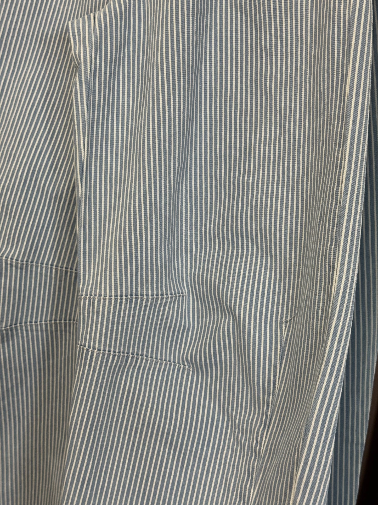 Light wash, high rise, pinstripe blue and off white denim like pull on barrel leg pant, these drawstring waistband barrel pants are the spring inspo of the season