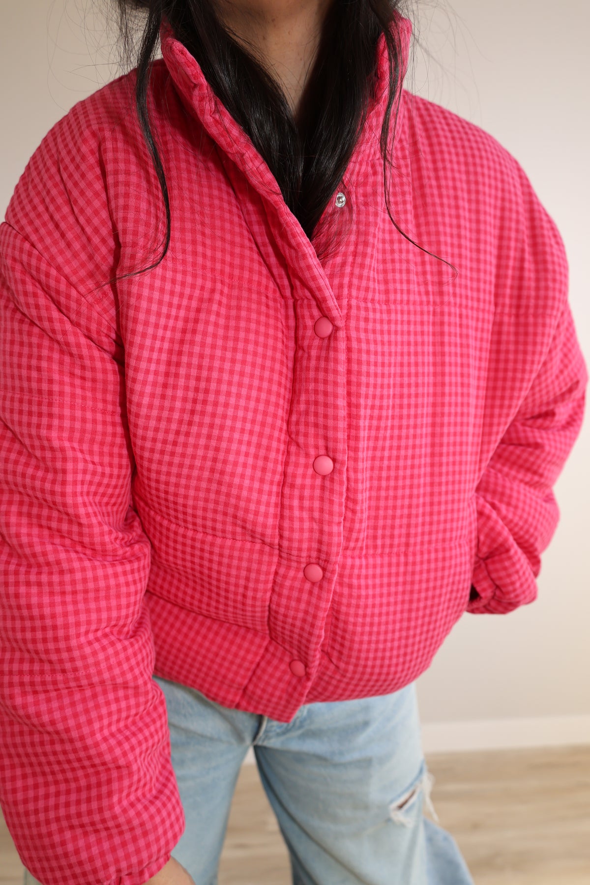 Call Me Later checkered puffer jacket