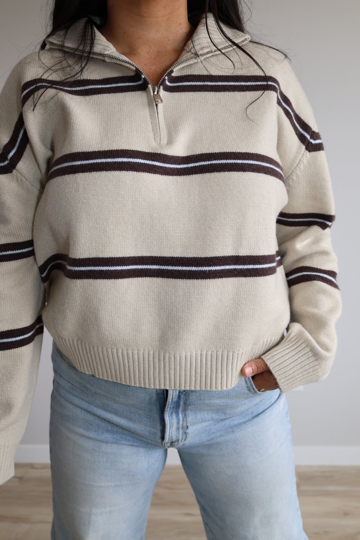 Take The Long Way striped zip up mock neck sweater