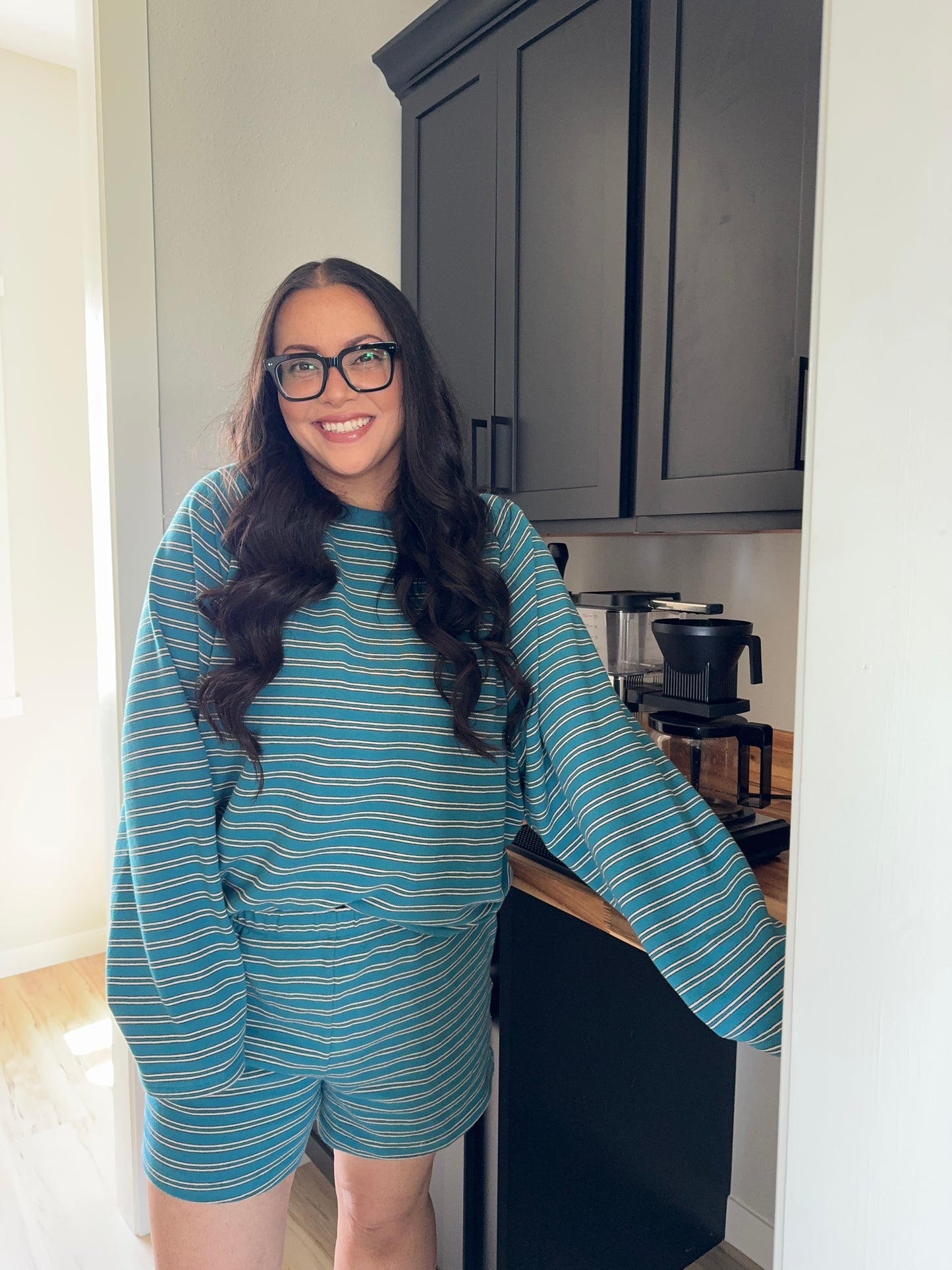 Things Between - Teal/Cream Striped Oversized Crewneck Sweater