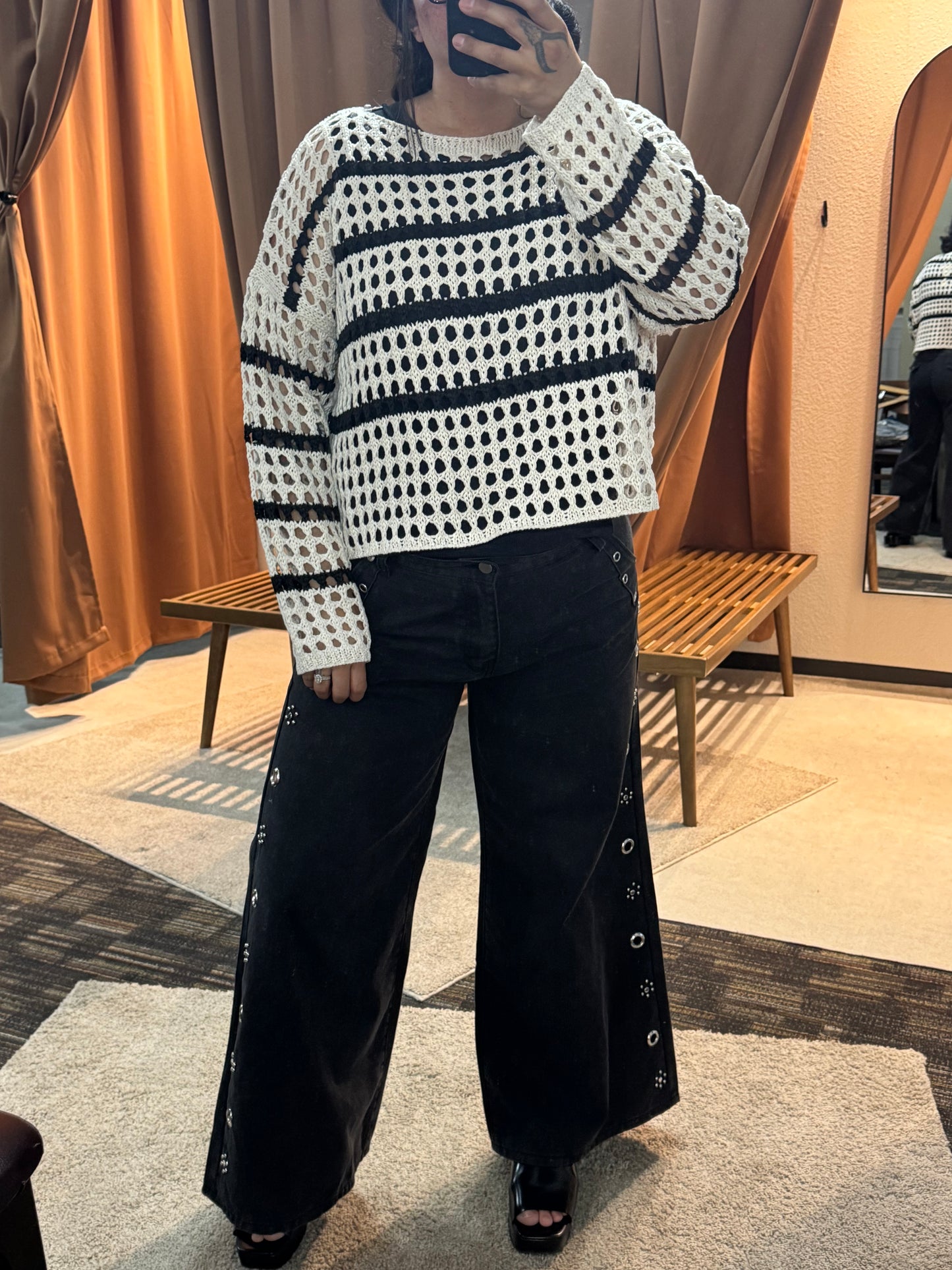 POL - Black Denim Wide-leg Pants w/ Silver Embellishments & Eyelet Detailing