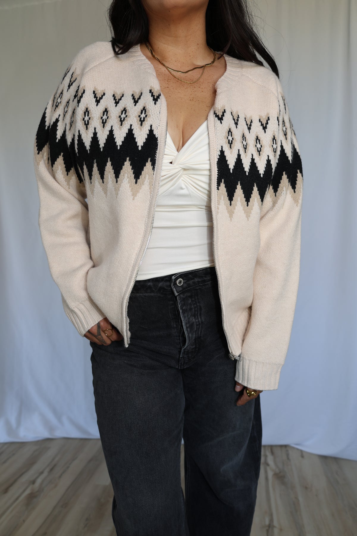 Let's Stay In Fair Isle Zip Front Cardigan Sweater