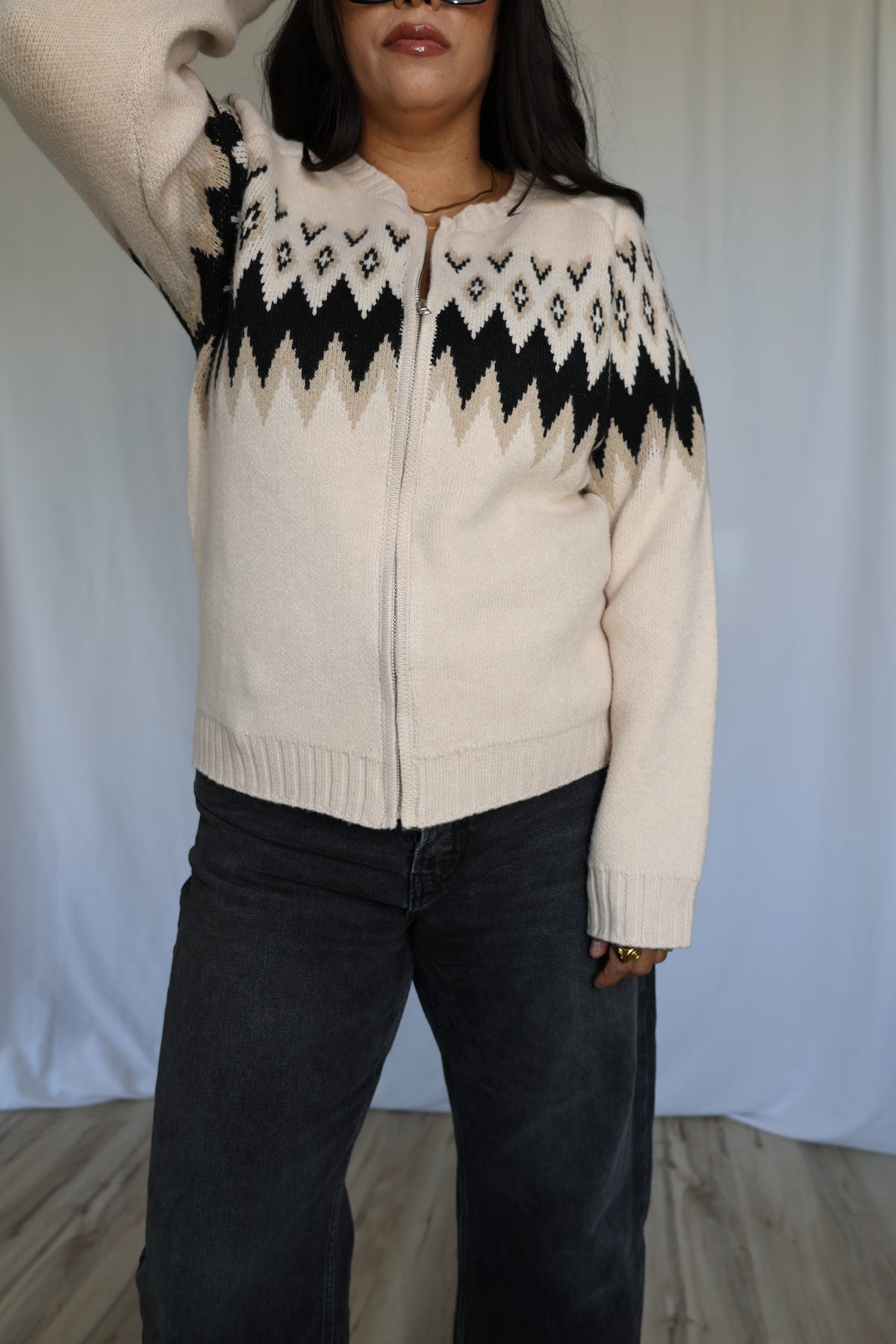 Let's Stay In Fair Isle Zip Front Cardigan Sweater