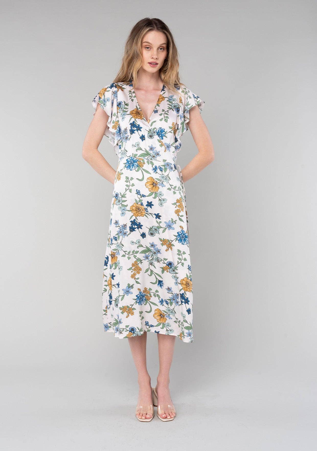 Lovestitch - Floral Short Flutter Sleeve Midi Wrap Dress