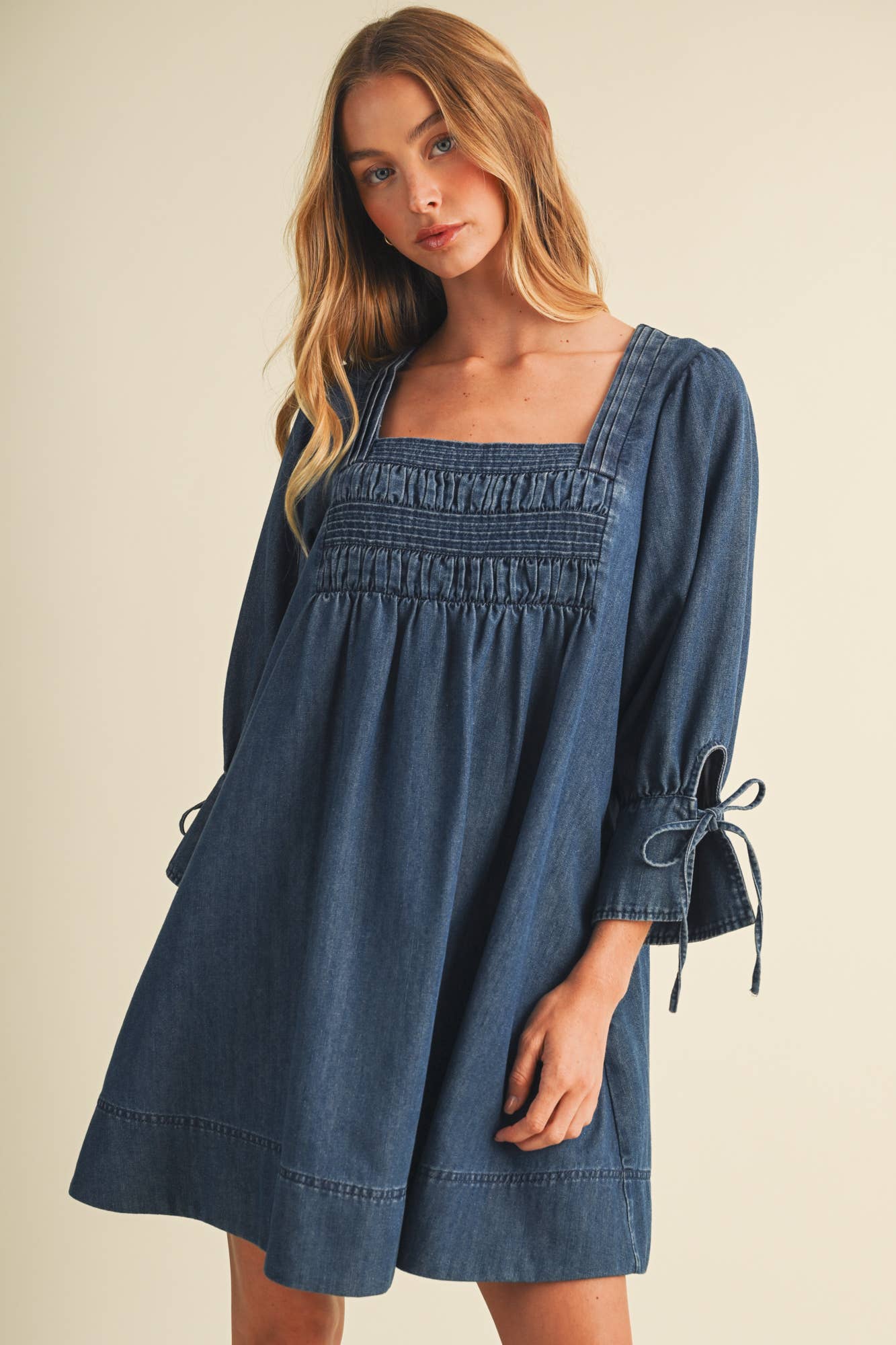 Mustard Seed - Square-Neck Smocked Denim Trapeze Dress
