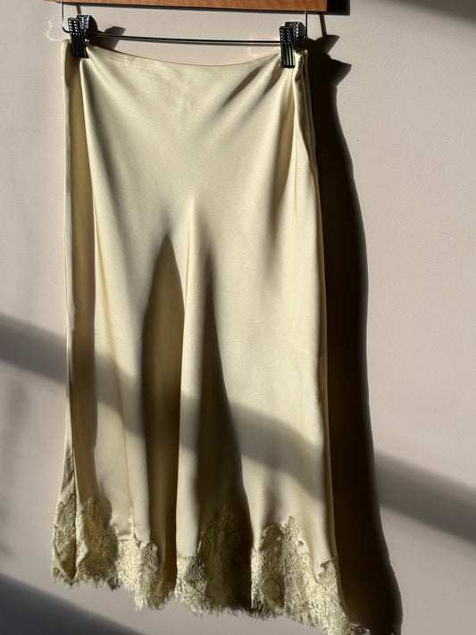 Le Lis - Yellow Satin Midi Skirt w/ Lace Trim
