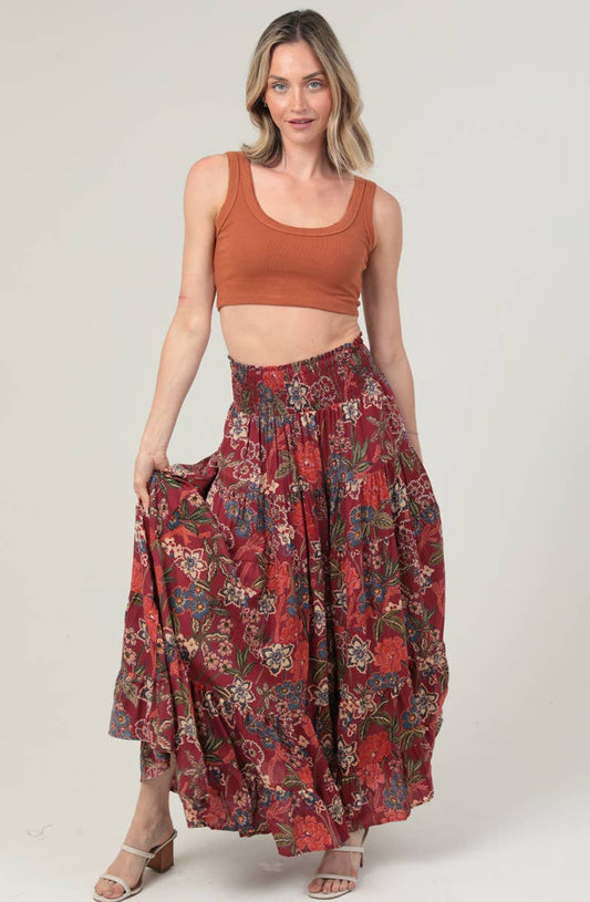 ANGIE -TIERED A LINE SMOCKED WAIST PRINTED MAXI SKIRT