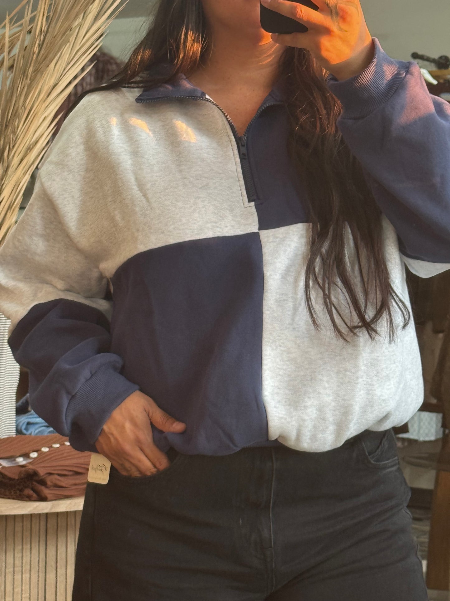 Buttermelon - Navy/Grey Colorblock Quarter Zip Sweatshirt