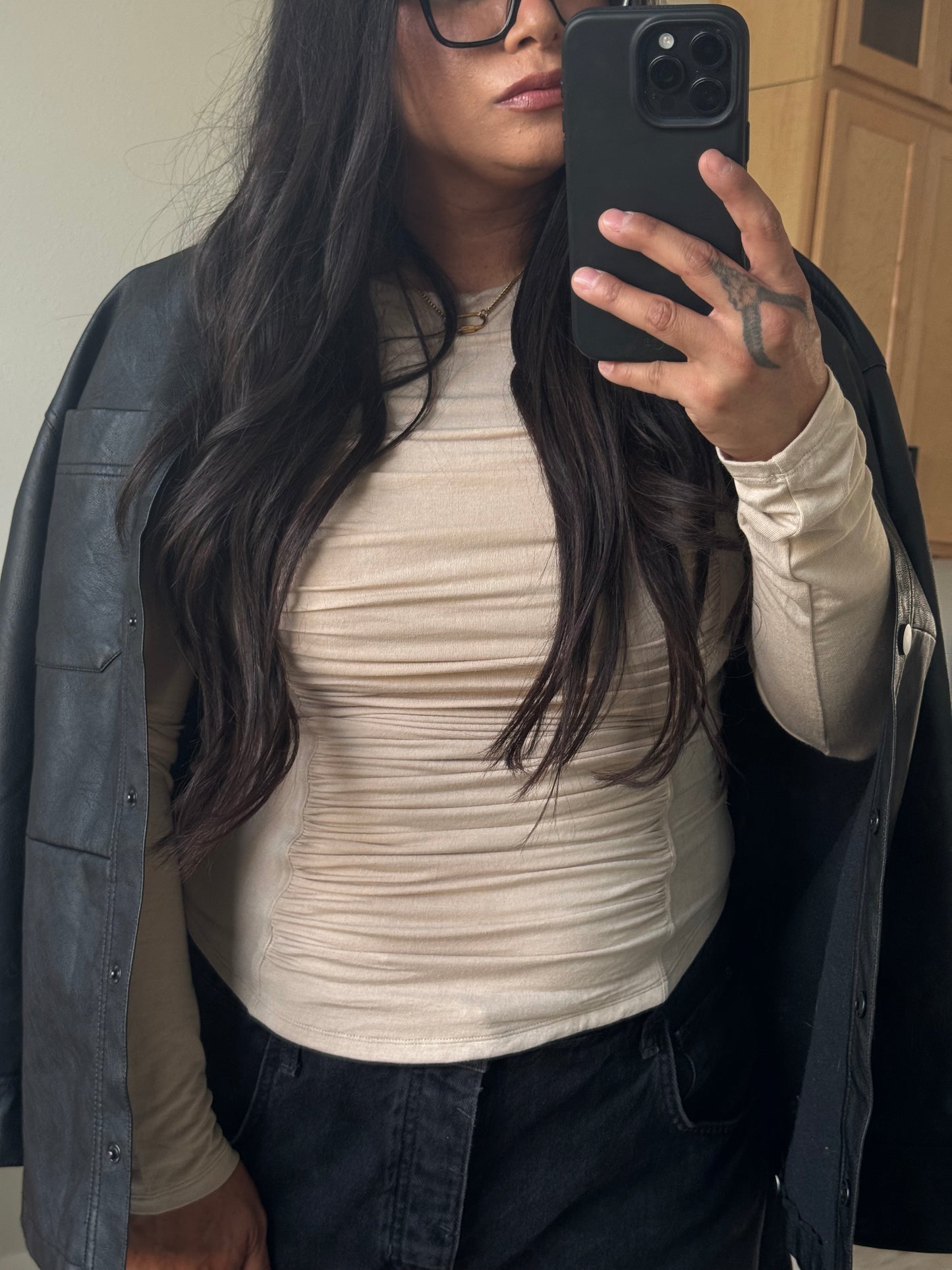 Mustard Seed - Tan Ruched Long Sleeve Top