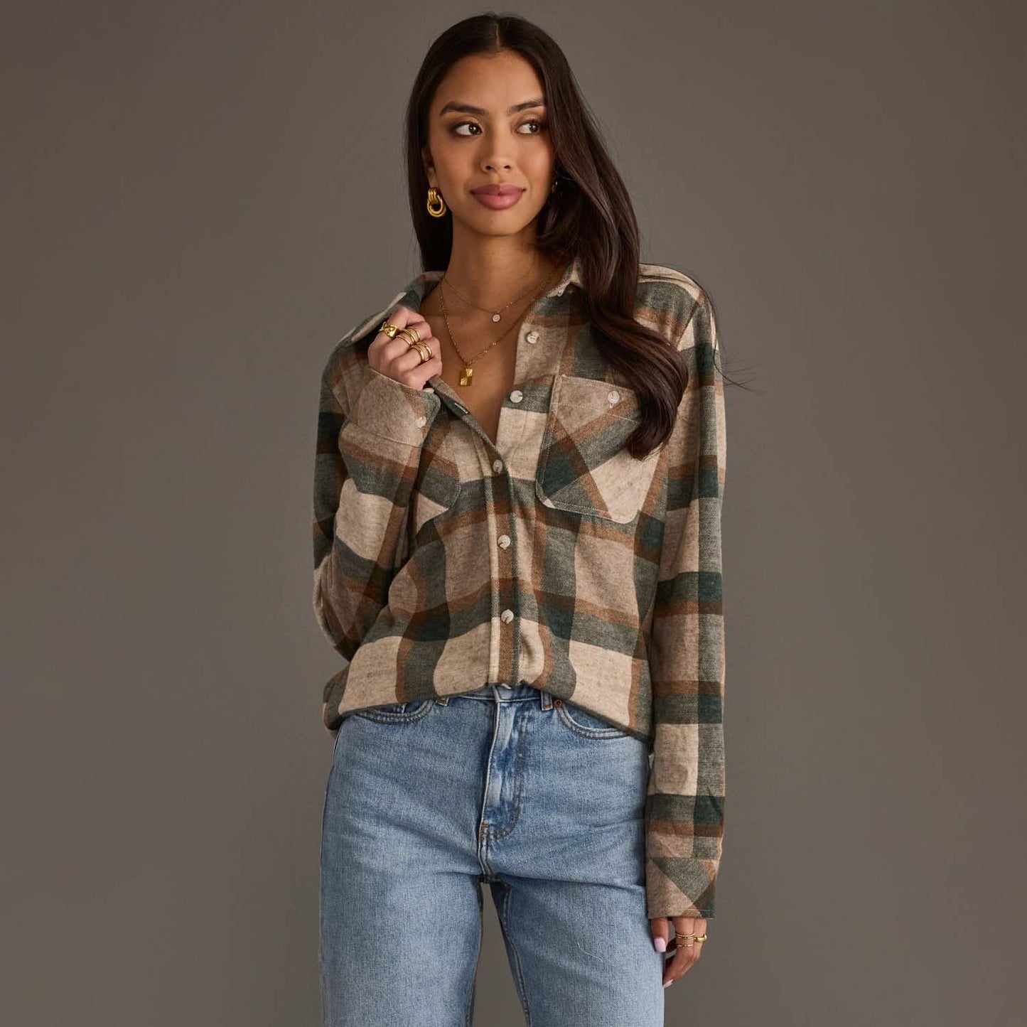 Panache Apparel Co. - Tan, Dk. Green & Rust Plaid Button Up