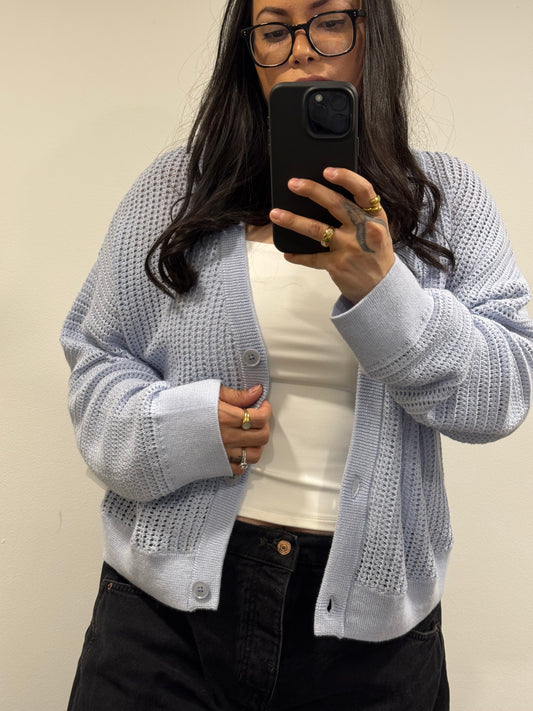 Mono B - Coastal Crochet Open Knit Button-front Cardigan
