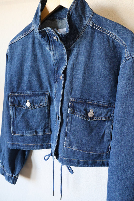 Urban Daizy - Utility Cropped Drawstring Hem Stand Collar Denim Jacket