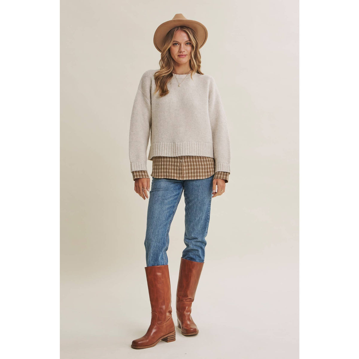 in february - COUNTRY ROAD LAYERED PLAID HEM TWOFER SWEATER TOP