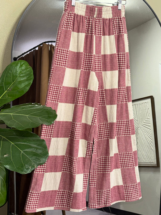 Miou Muse - Red Gingham/Strip Patch Effect Pants