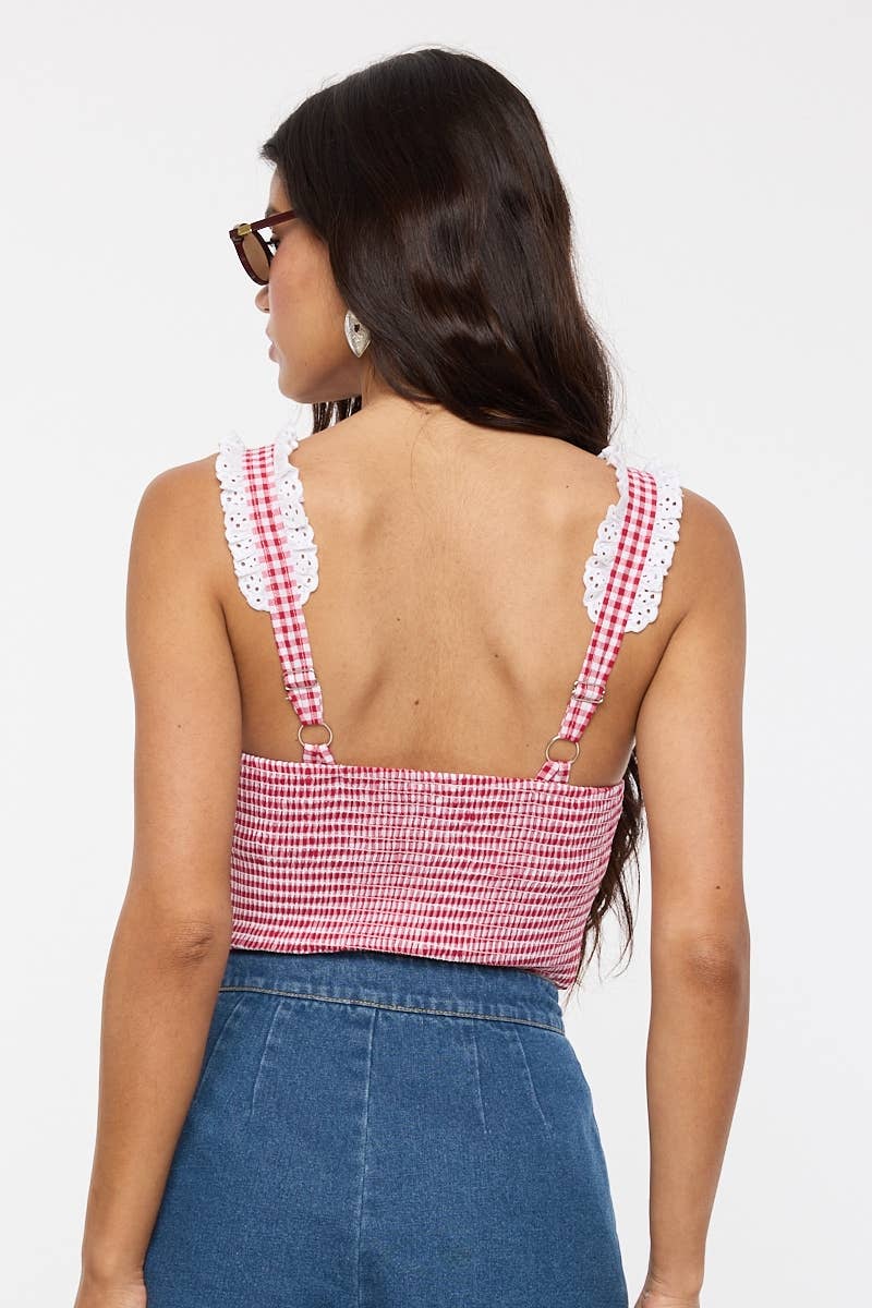 Sky to Moon - VIVID GINGHAM EYELET LACE TRIM CASUAL BODYSUIT