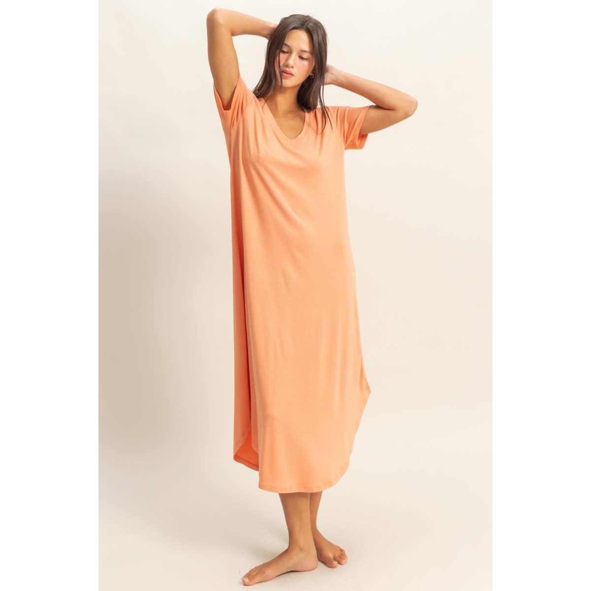 HYFVE-V-Neck Short Sleeve Midi Dress