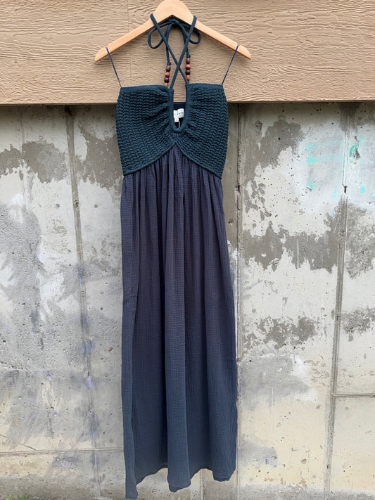 Miou Muse - Navy Sleeveless Maxi Dress w/ Beaded Tie & Pockets
