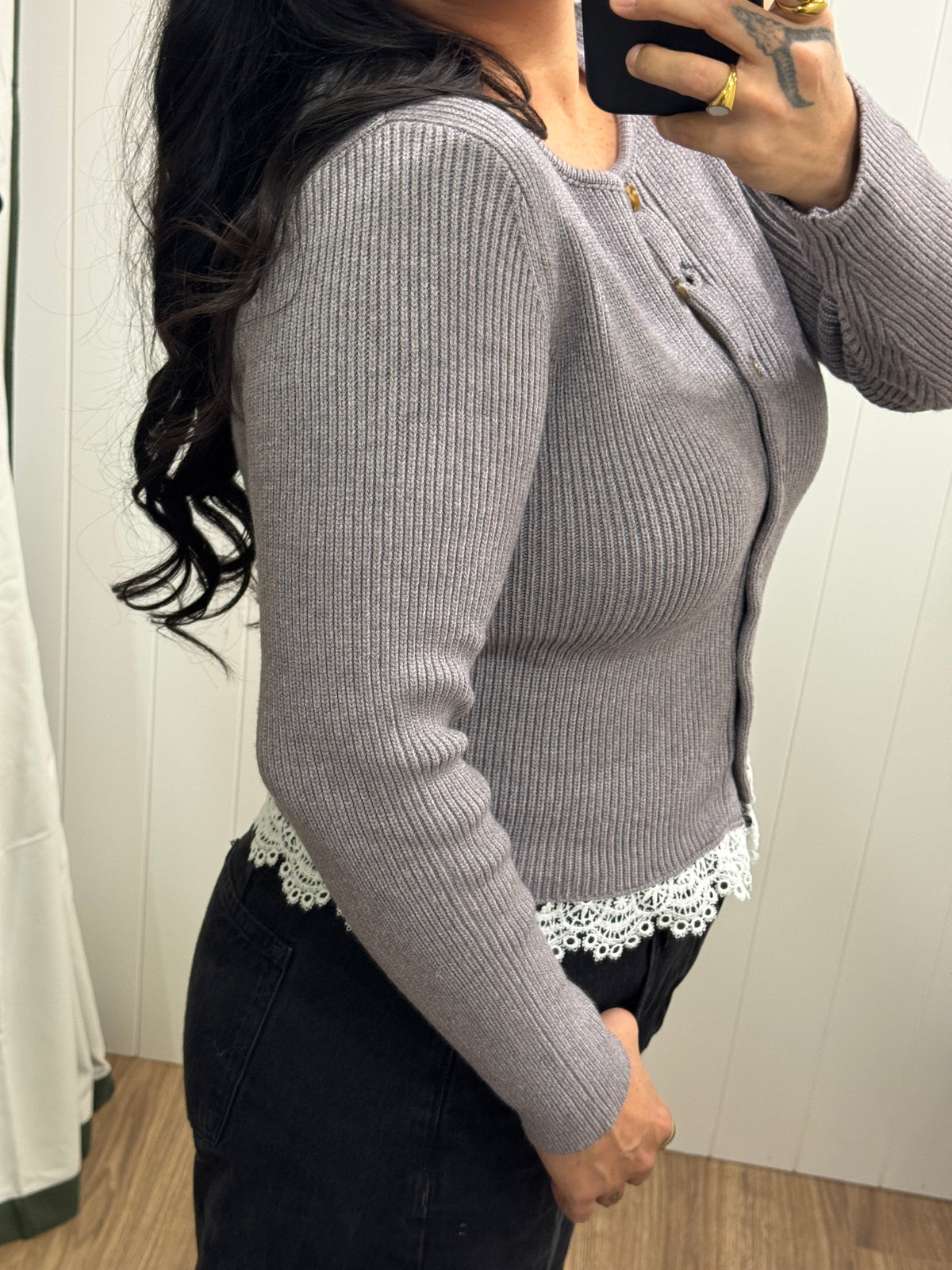 Tea On The Terrace ribbed knit lace trim cardigan