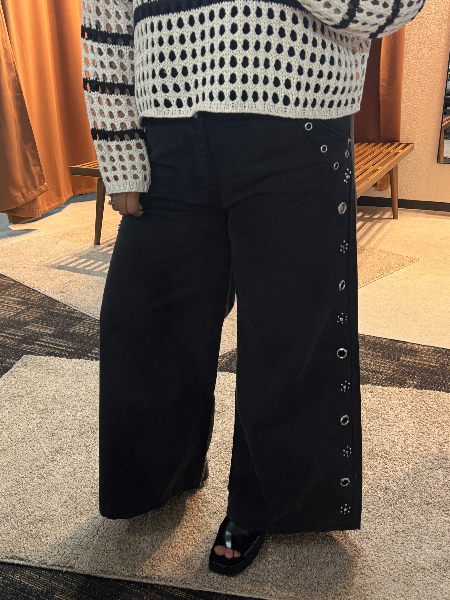 POL - Black Denim Wide-leg Pants w/ Silver Embellishments & Eyelet Detailing