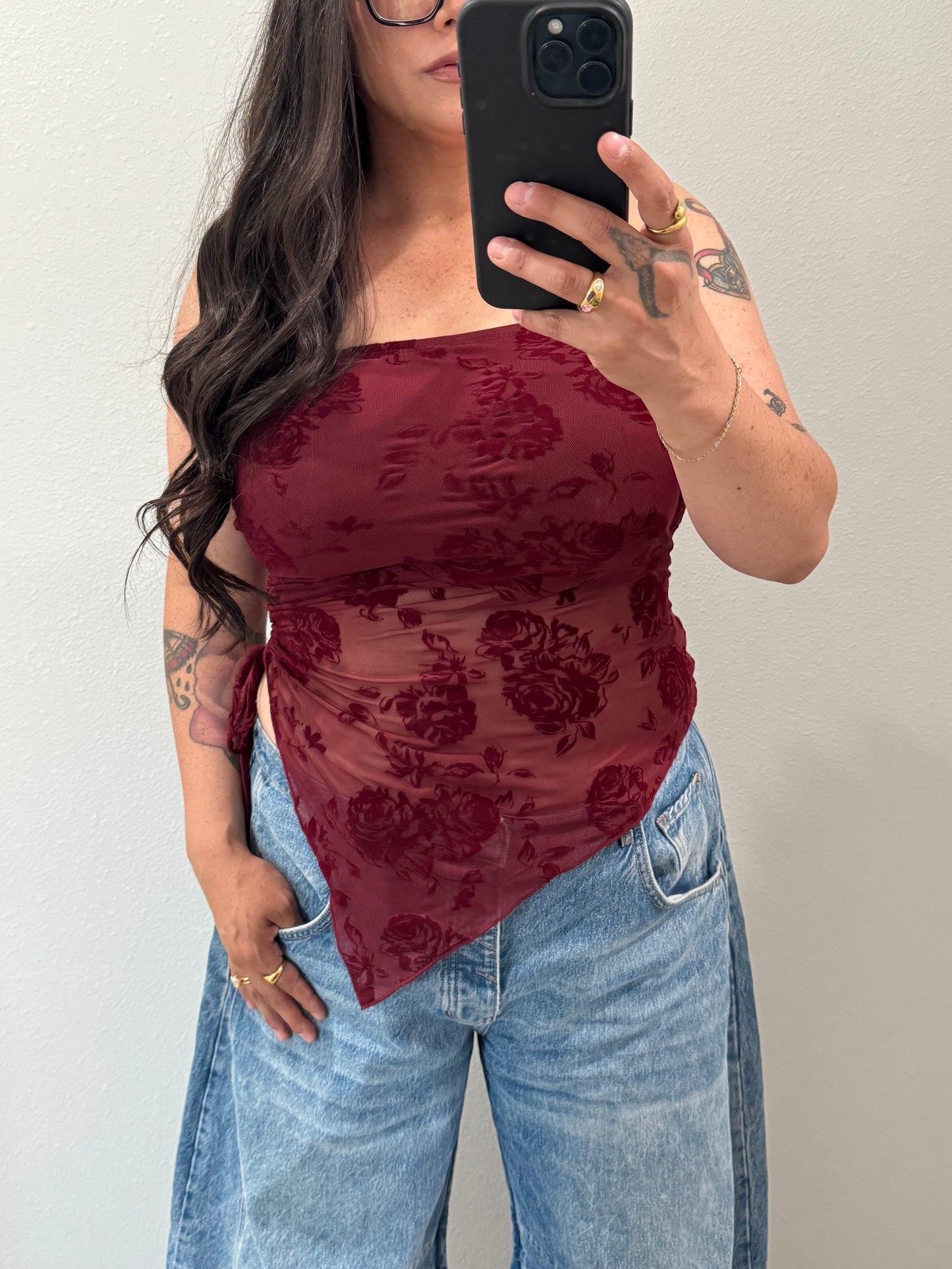 TIMING - Floral Flocked Mesh Handkerchief Tube Top