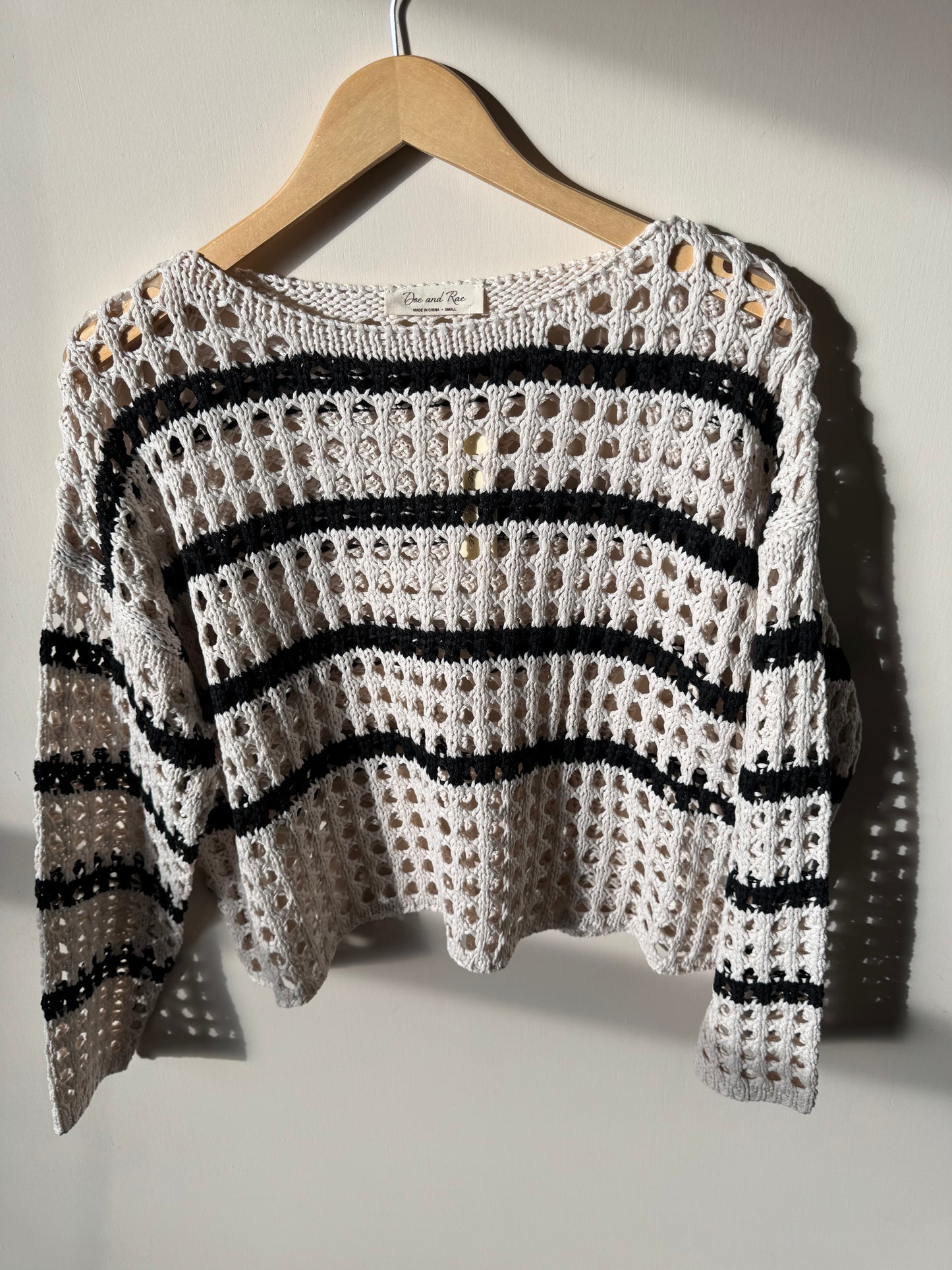 Doe and Rae - Ivory/Black Boho Striped Crochet Knit Sweater