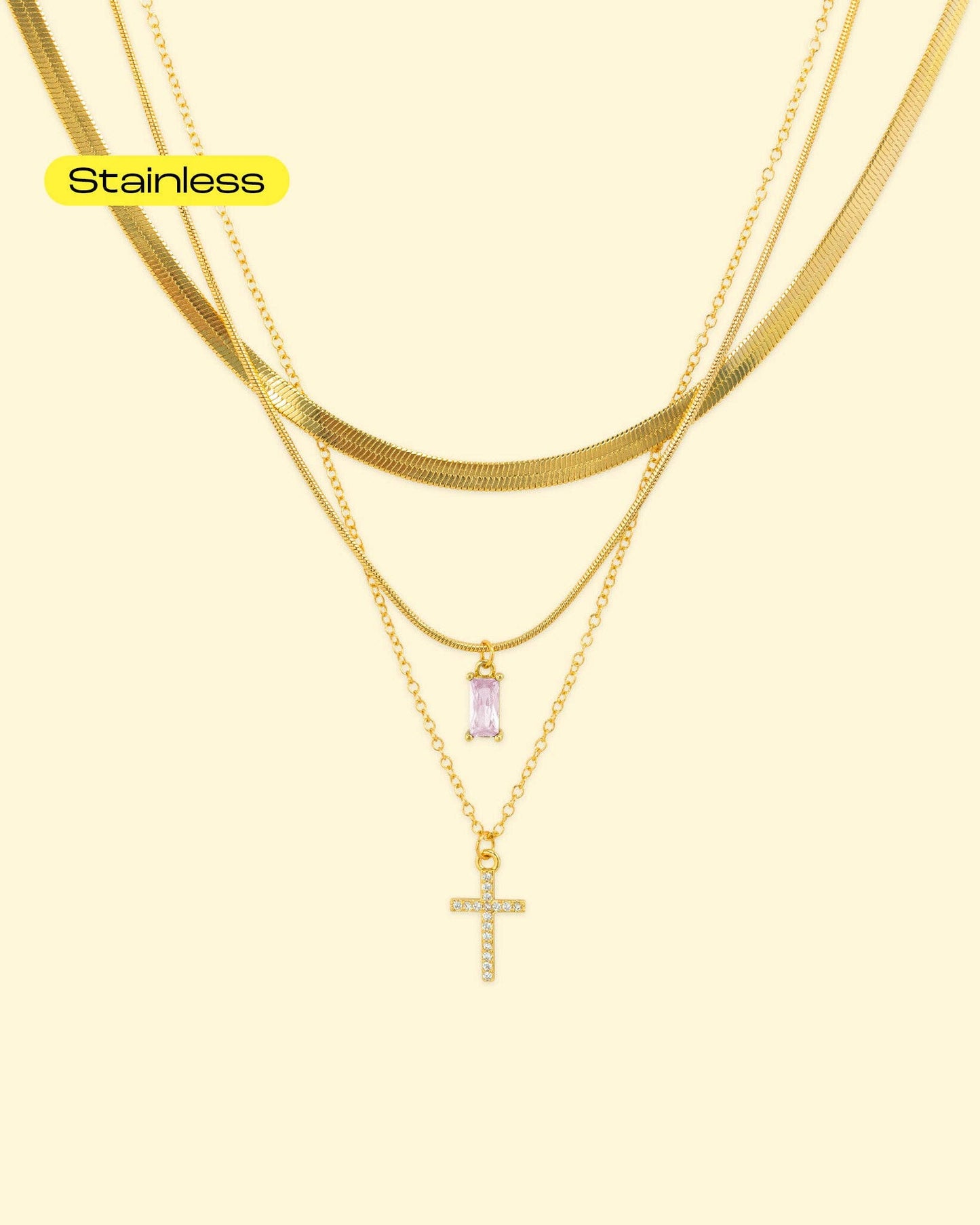 Stainless 3 Layered CZ Cross & Baguette Pendant Necklace