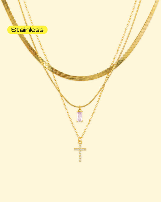 Stainless 3 Layered CZ Cross & Baguette Pendant Necklace