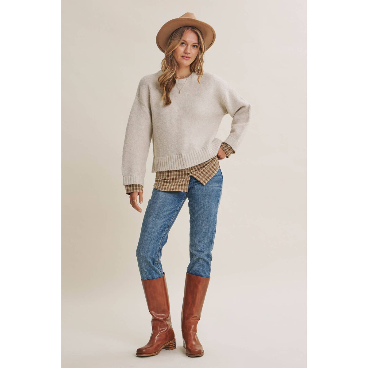 in february - COUNTRY ROAD LAYERED PLAID HEM TWOFER SWEATER TOP