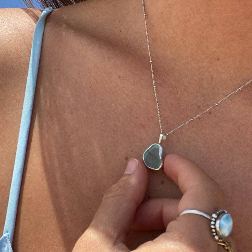 The Salty Gem - Blue Sea Glass Necklace (Handmade)