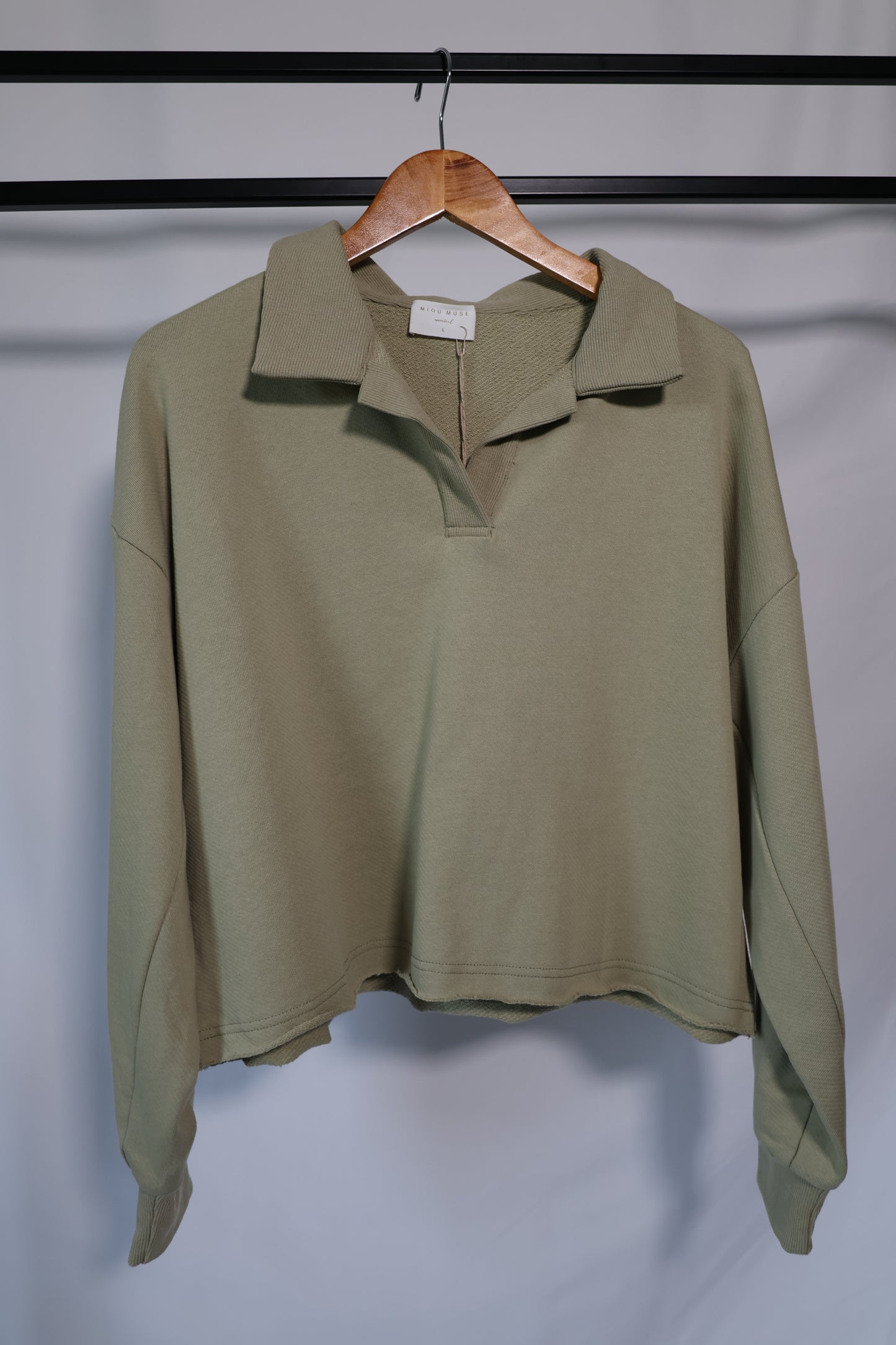 Miou Muse - Sage Collared V-neck Pull-over Sweatshirt