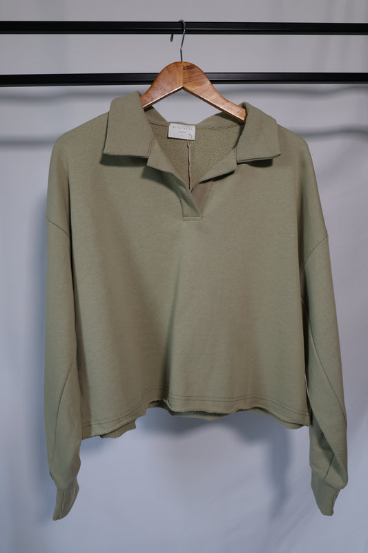 Miou Muse - Sage Collared V-neck Pull-over Sweatshirt