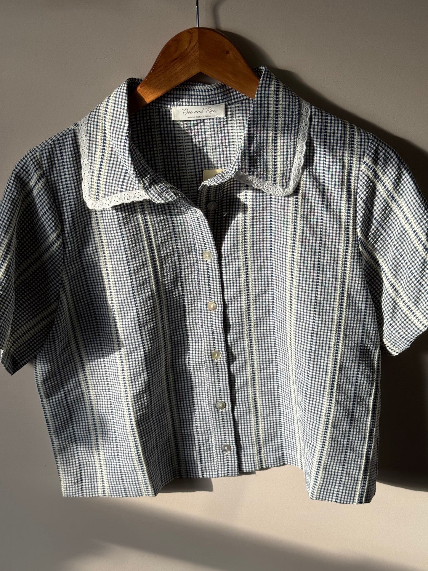 Doe and Rae - Navy/White Mini Gingham Collared Button-up Top