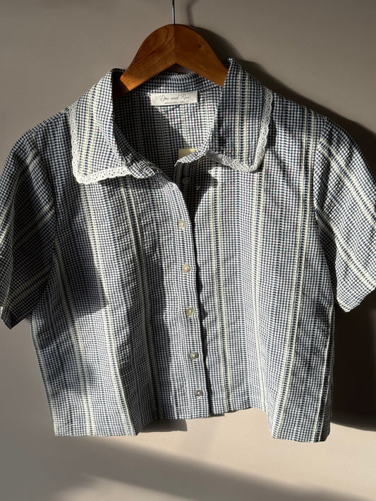 Doe and Rae - Navy/White Mini Gingham Collared Button-up Top