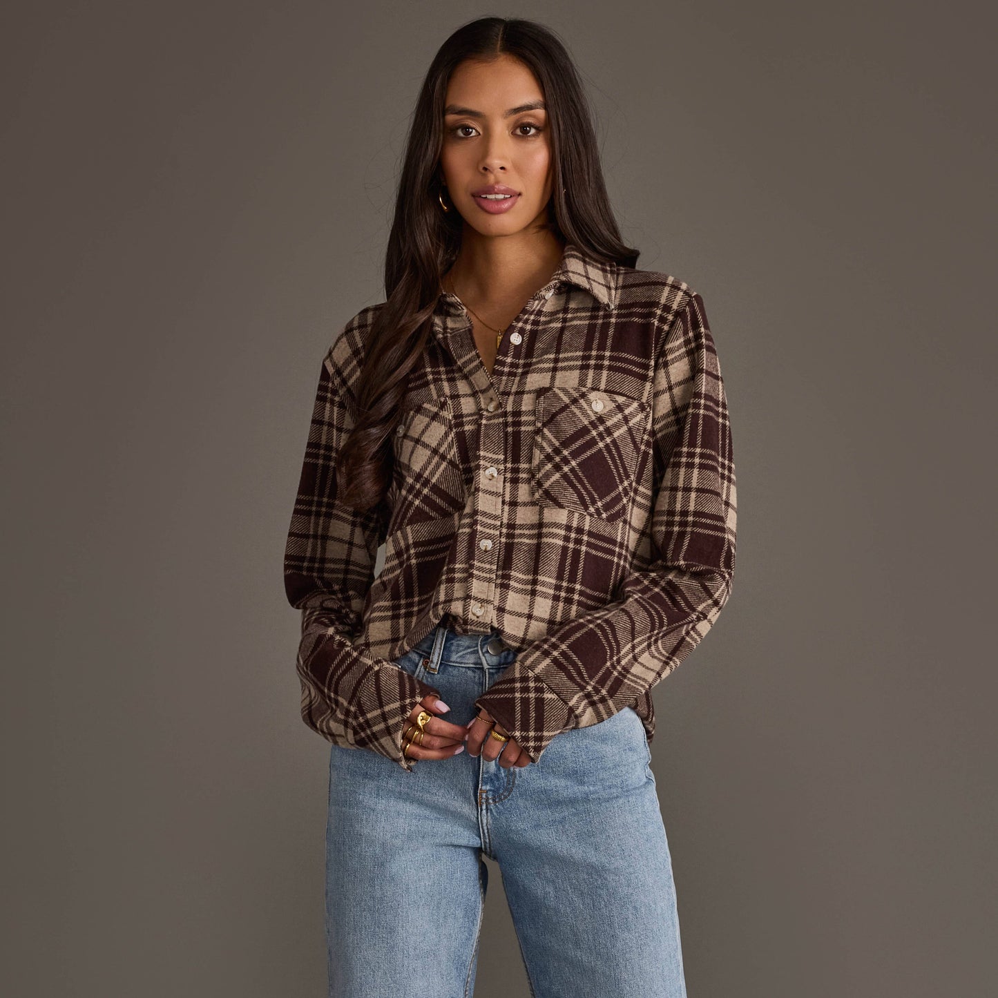 Panache Apparel Co. - Chocolate Brown & Tan Plaid Button Up