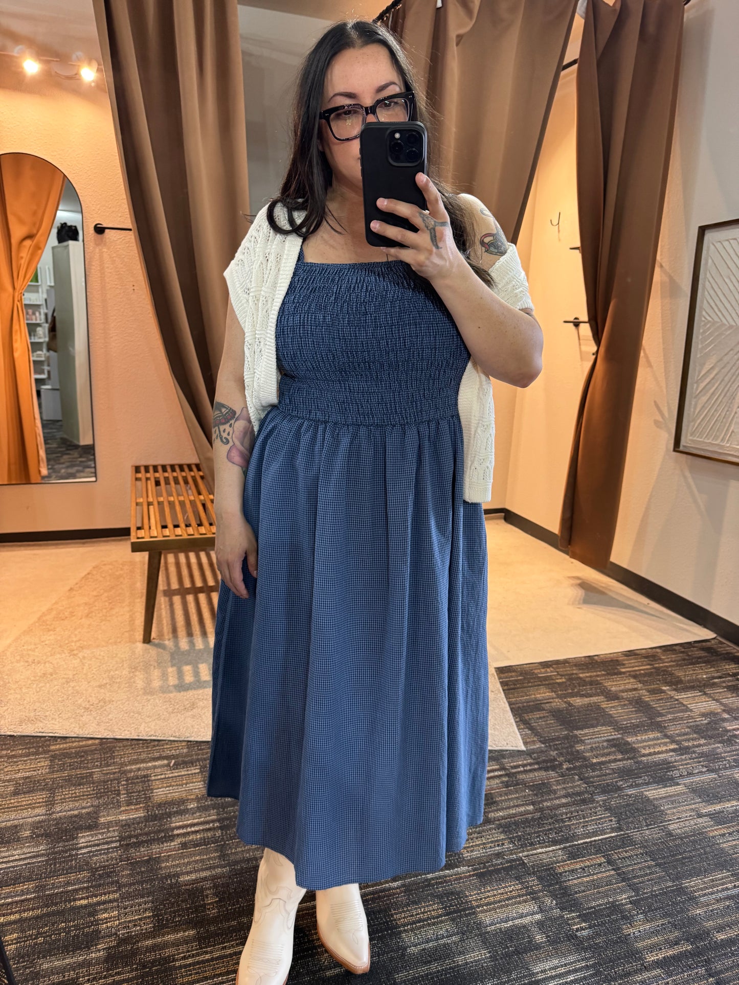 Things Between - Blue/Black Gingham Smocked Bodice Midi Dress