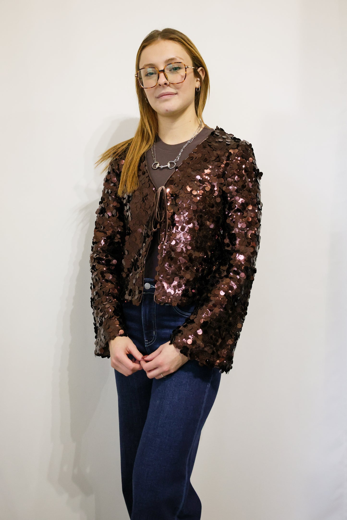 SKIES ARE BUE Sequin cardigan chocolate brown