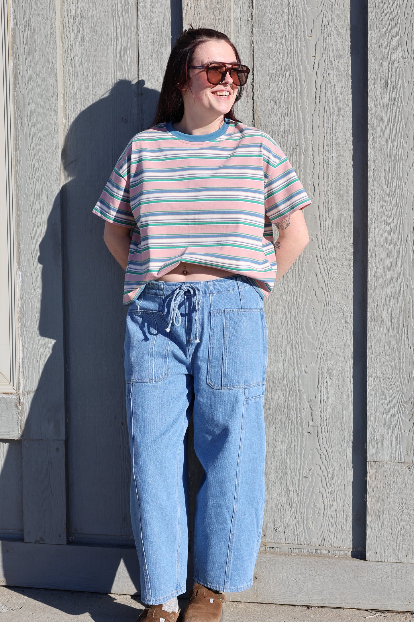 Striped short sleeve shirt, 90’s inspired tee, barrel pants