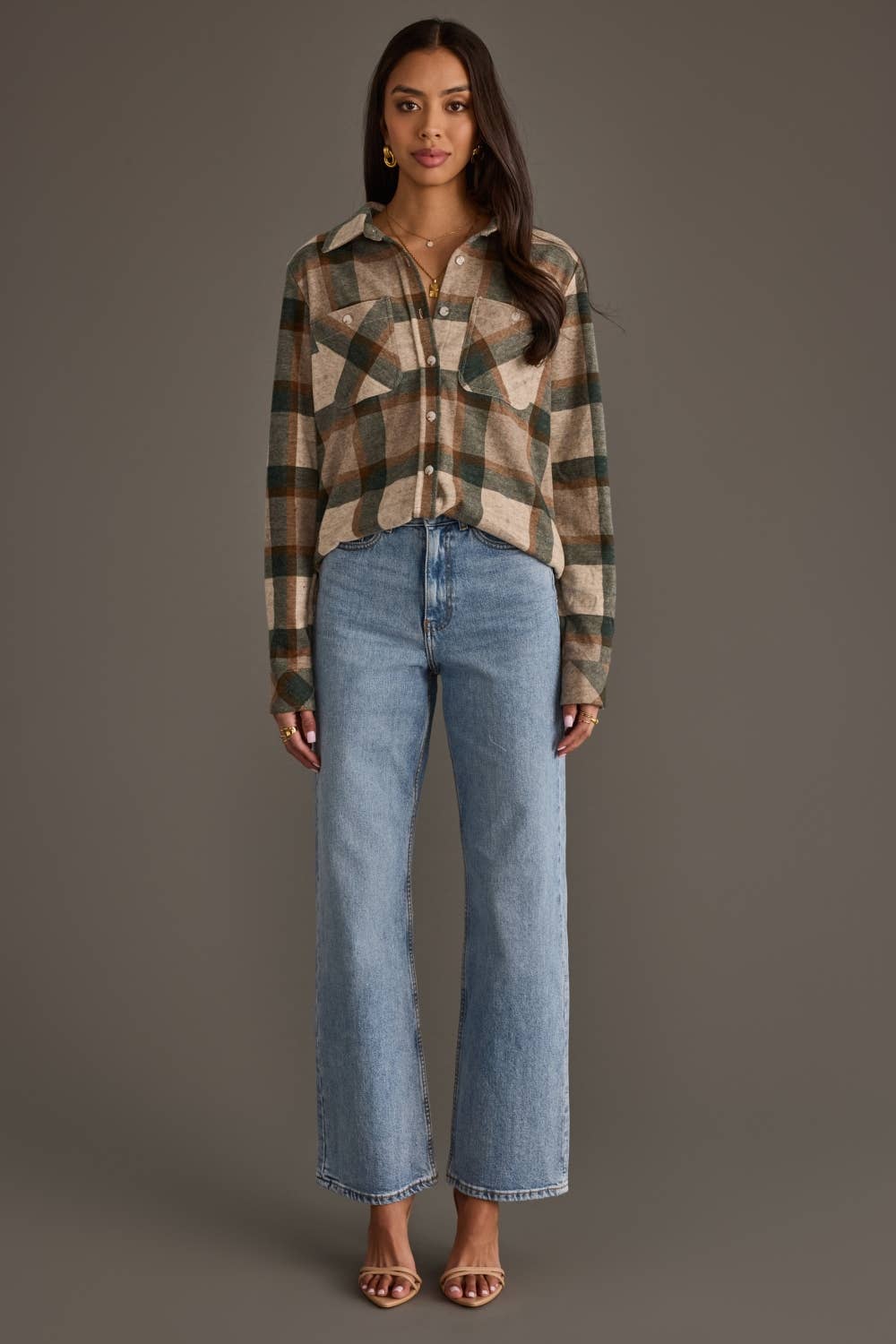 Panache Apparel Co. - Tan, Dk. Green & Rust Plaid Button Up