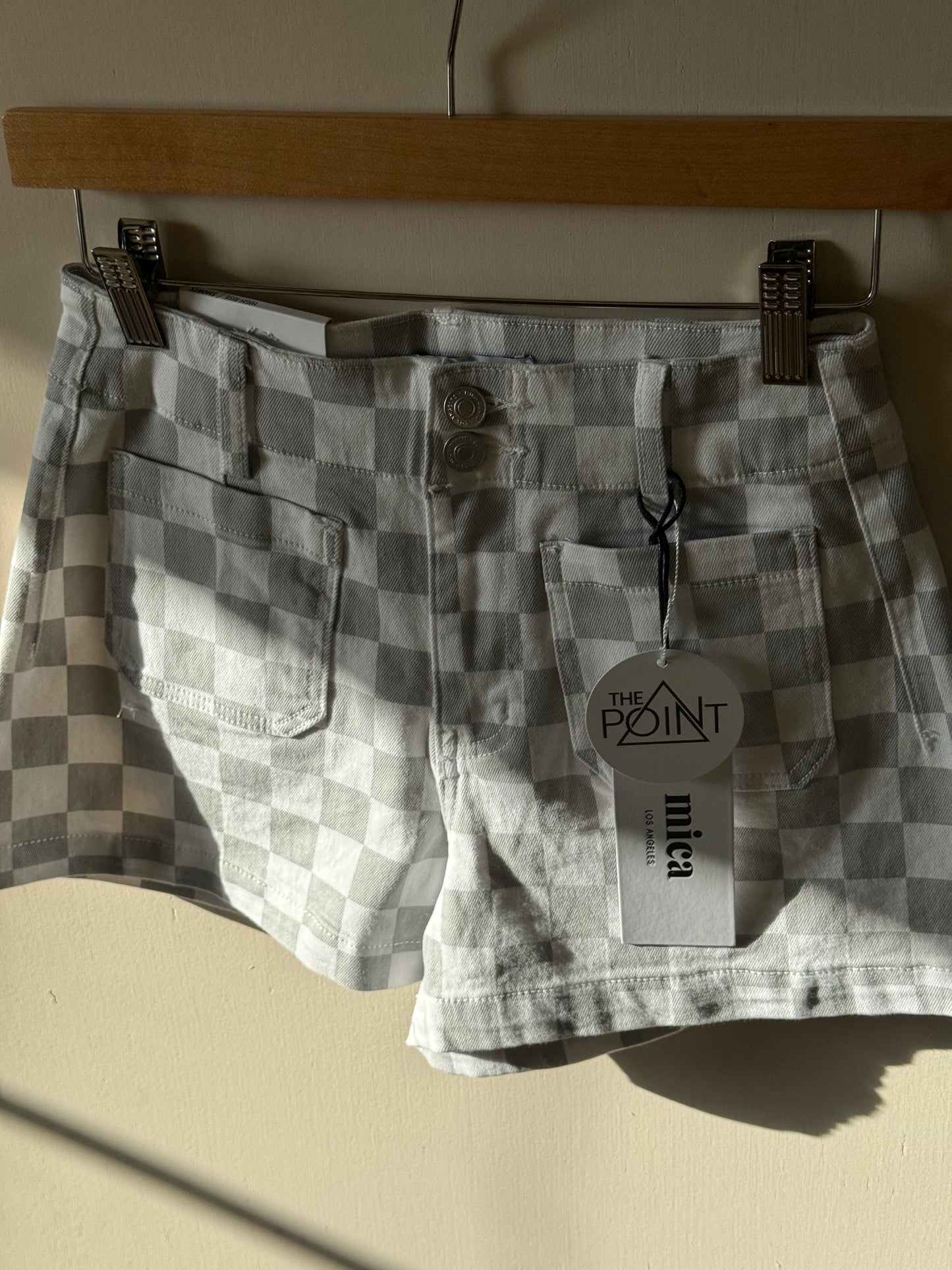 Mica Denim - White/Grey Denim High Rise Checker Print Shorts