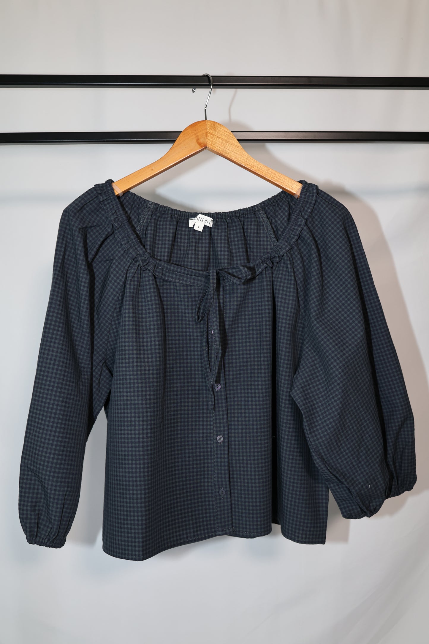 Wishlist - Navy Gingham Puffed Sleeve Blouse