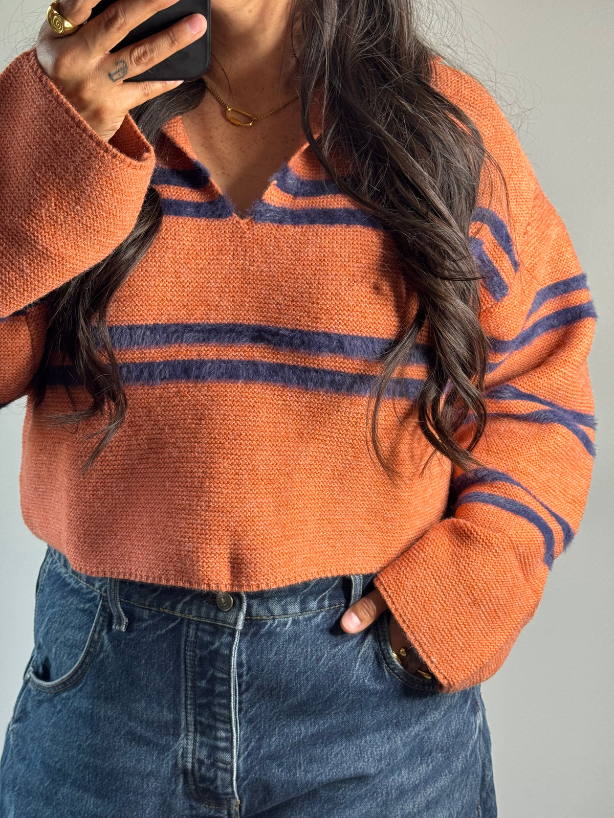 Buttermelon - Rust/Navy Collared V-Neck Sweater