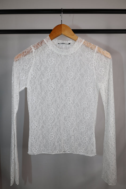 Hyfve - White Lace Mockneck Shirt w/ Mini Rhinestones